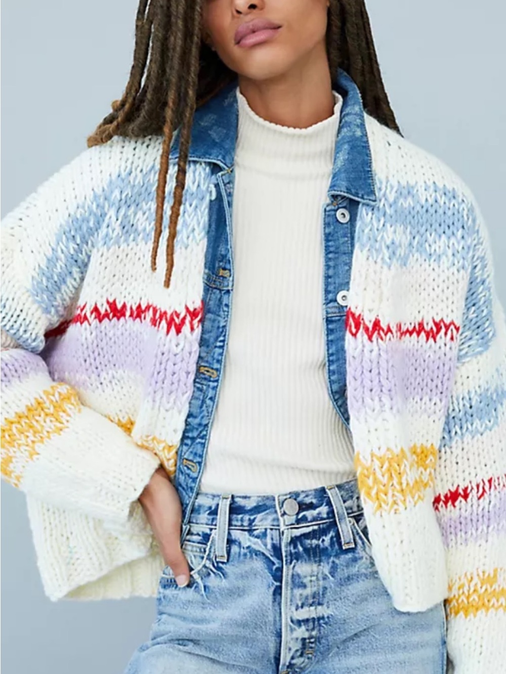 Anthropologie Grazia Chunky Knit Striped Denim Patchwork Cardigan Sweater. XS/S